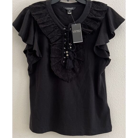 Lauren Ralph Lauren Womens Sz Small Ruffle-Trim Lace-Up Jet Black Top - Picture 1 of 11